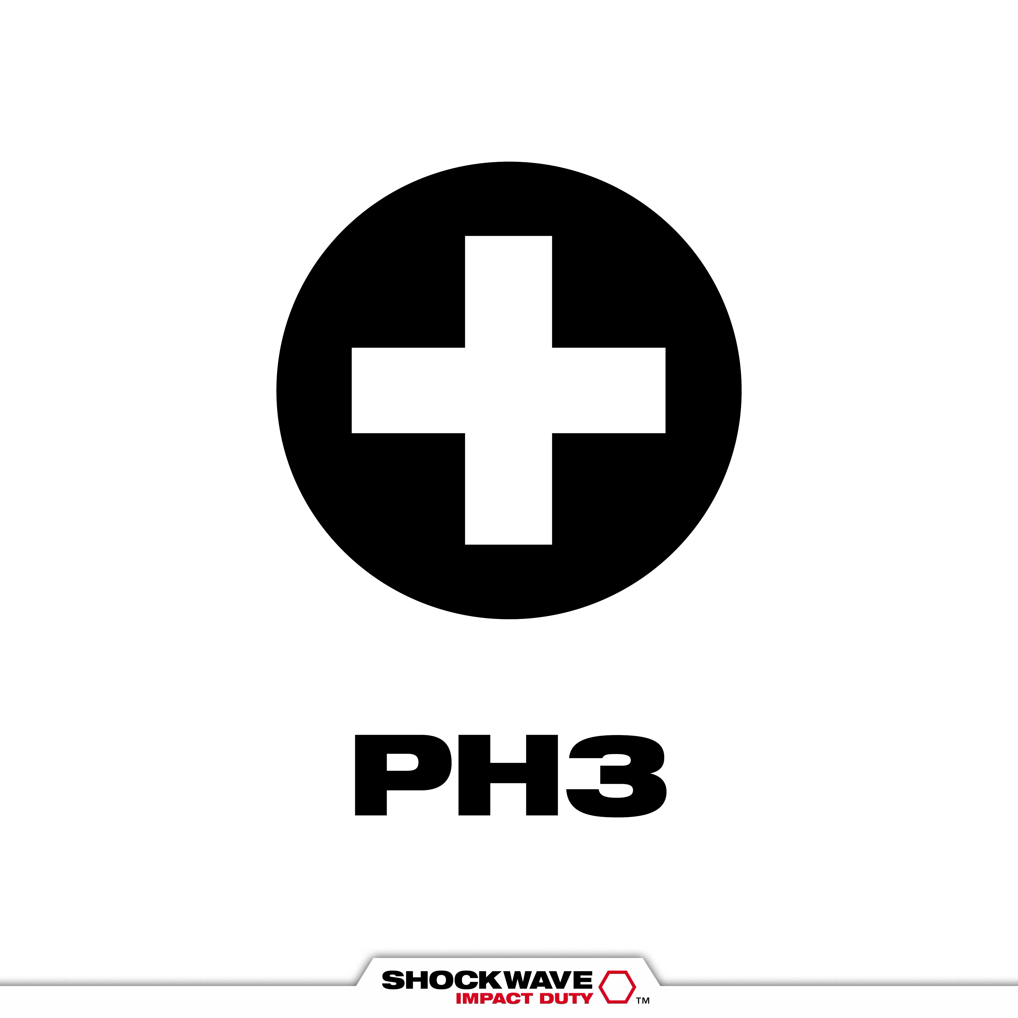 The image shows a black cross inside a black circle, representing the SHOCKWAVE™ PH3 Tip Type. Below the circle, the text "PH3" is displayed in bold, black font against a white background. The bottom of the image features the SHOCKWAVE™ Impact Duty logo.