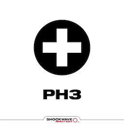 The image shows a black cross inside a black circle, representing the SHOCKWAVE™ PH3 Tip Type. Below the circle, the text "PH3" is displayed in bold, black font against a white background. The bottom of the image features the SHOCKWAVE™ Impact Duty logo.