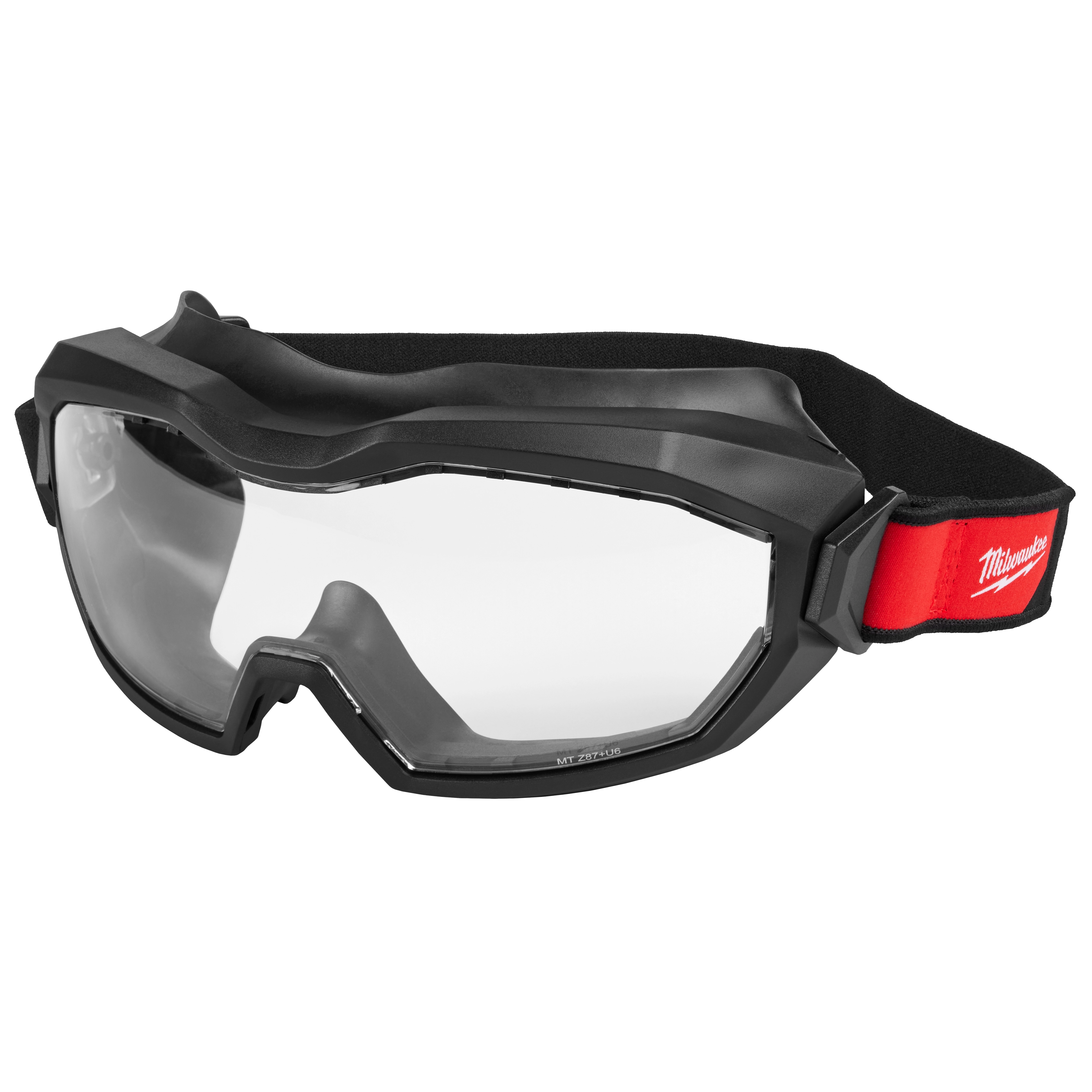 Vented Goggles - Clear Dual Coat Lens featuring a black frame, clear lenses, and an adjustable head strap with a red accent.