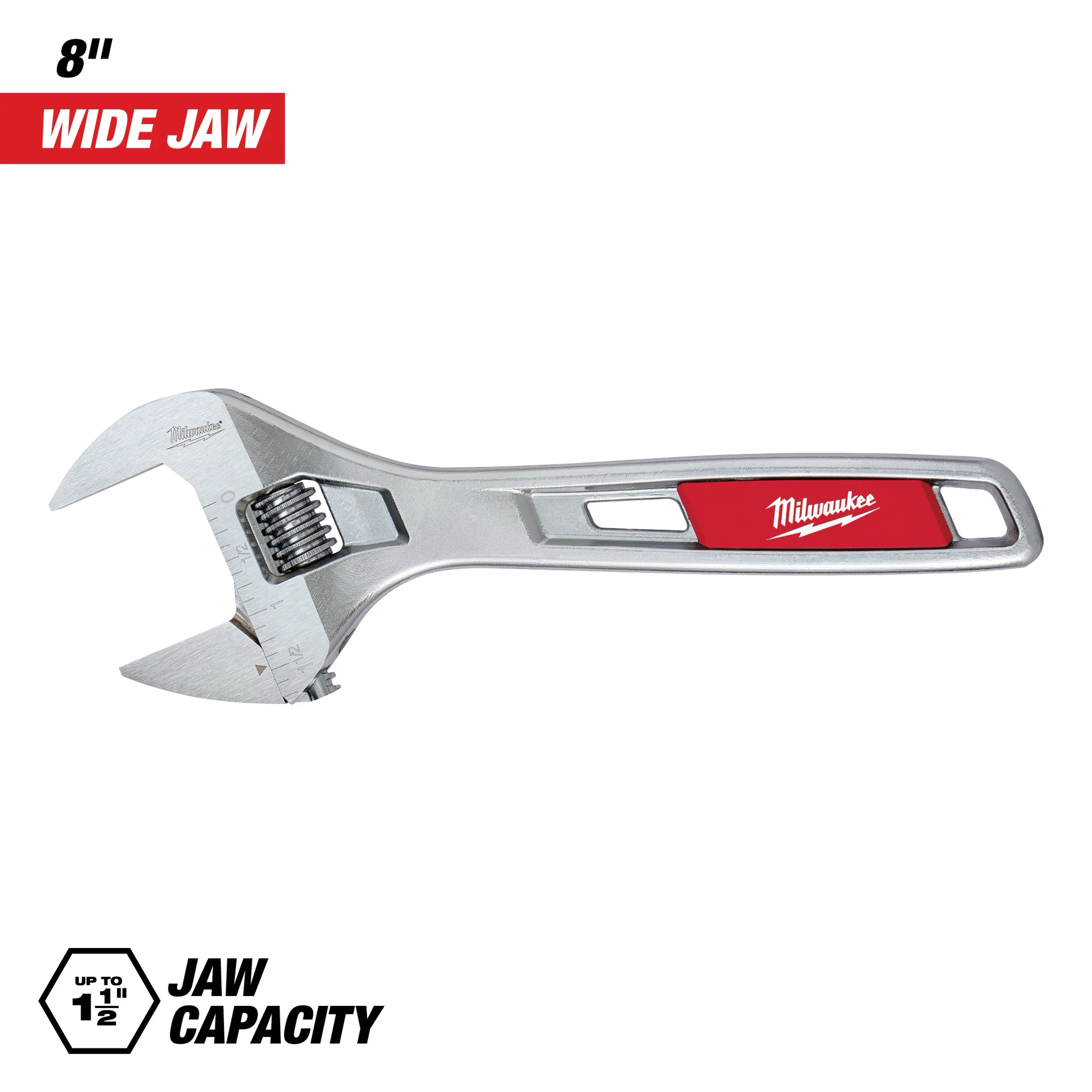 Milwaukee 8” Wide Jaw Adjustable Wrench features a jaw capacity of up to 1 1/2 inches. The tool has a red and silver handle with the Milwaukee logo prominently displayed.