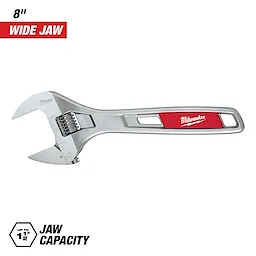 Milwaukee 8” Wide Jaw Adjustable Wrench features a jaw capacity of up to 1 1/2 inches. The tool has a red and silver handle with the Milwaukee logo prominently displayed.