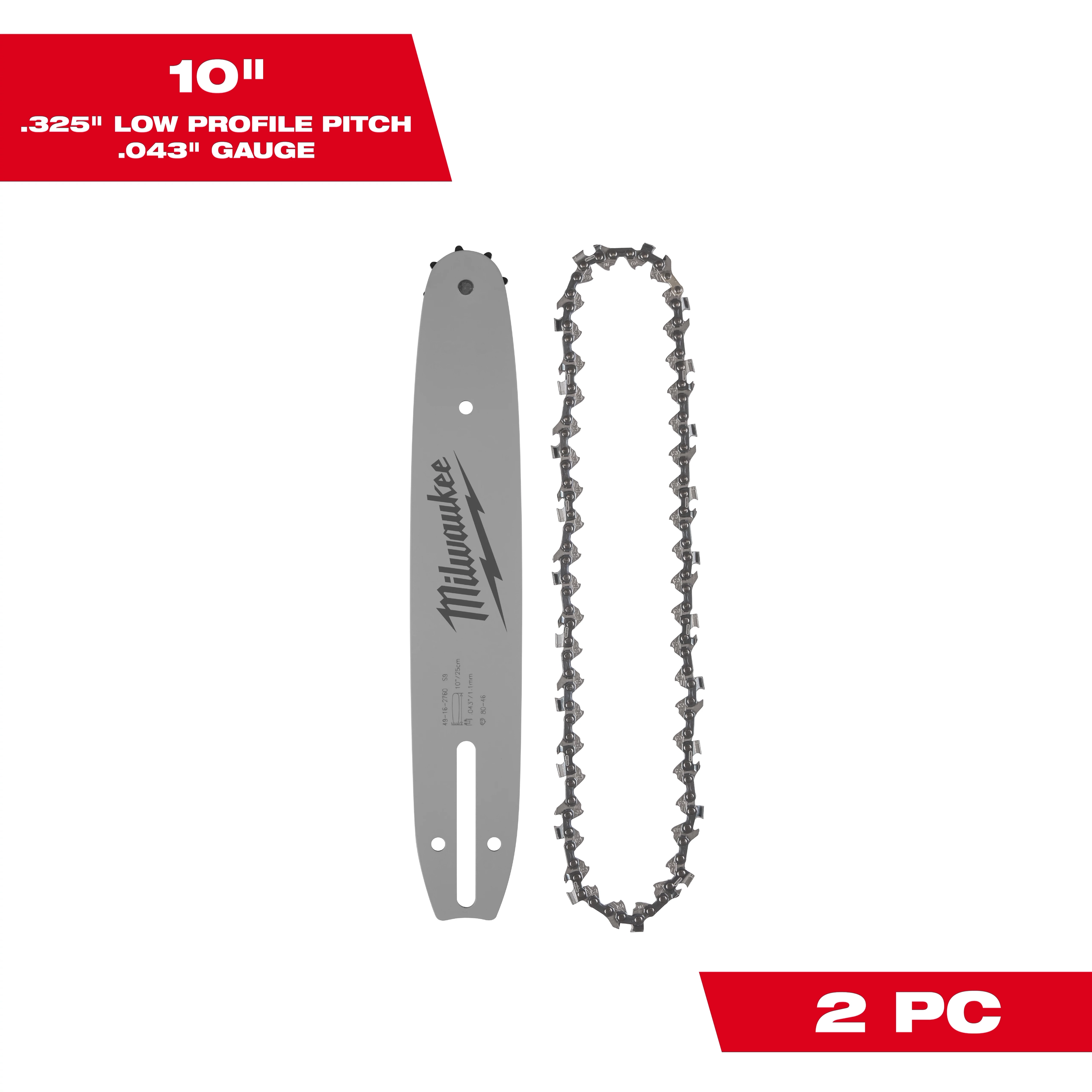10" .325" Low Profile Pitch, .043" Gauge Saw Chain and Guide Bar Set in gray with text. Includes 2 pieces.