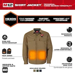 M12 Shirt Jacket - Khaki 2X, 3X, L, M, S, XL shown front-facing with highlighted heat zones and feature icons.