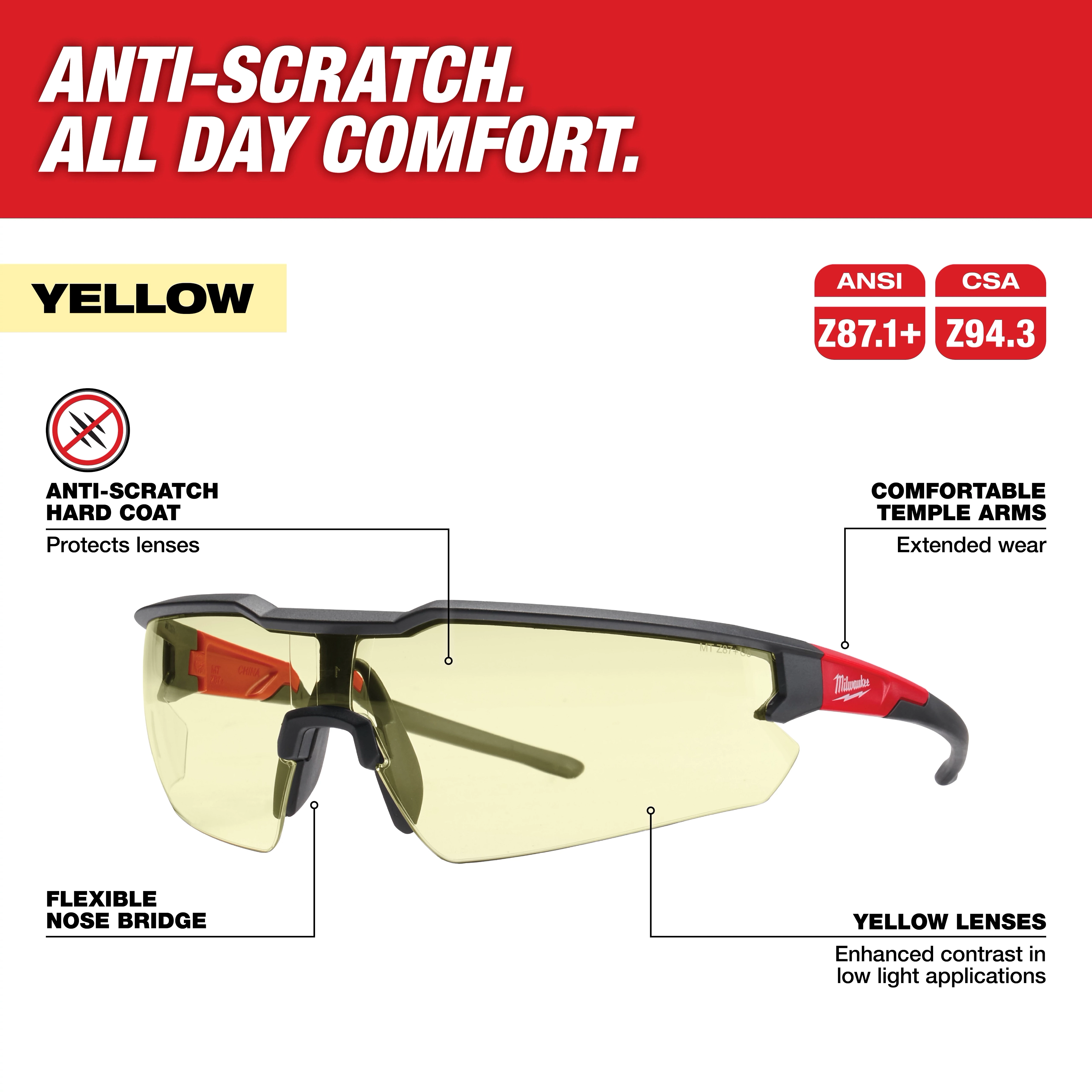 Safety Glasses - Anti-Scratch Lenses (Yellow) Walkaround feature anti-scratch coating, flexible nose bridge, comfortable temple arms, and yellow lenses.