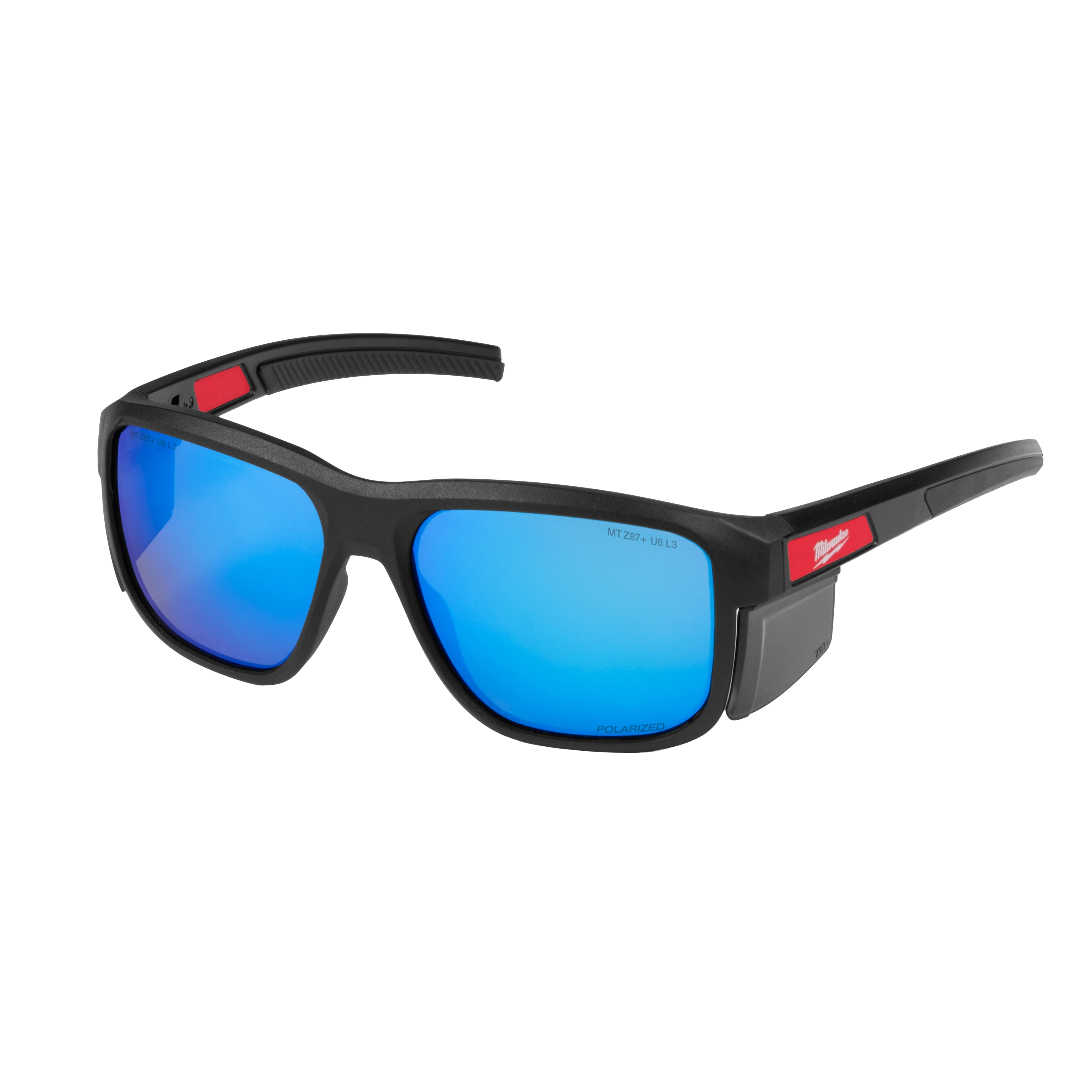 Polarized Full Frame Safety Glasses feature blue mirrored dual coat lenses and removable side shields. The black frames have red accents on the temples for enhanced style and protection. Suitable for various industrial applications, these glasses offer optimal clarity and eye safety.