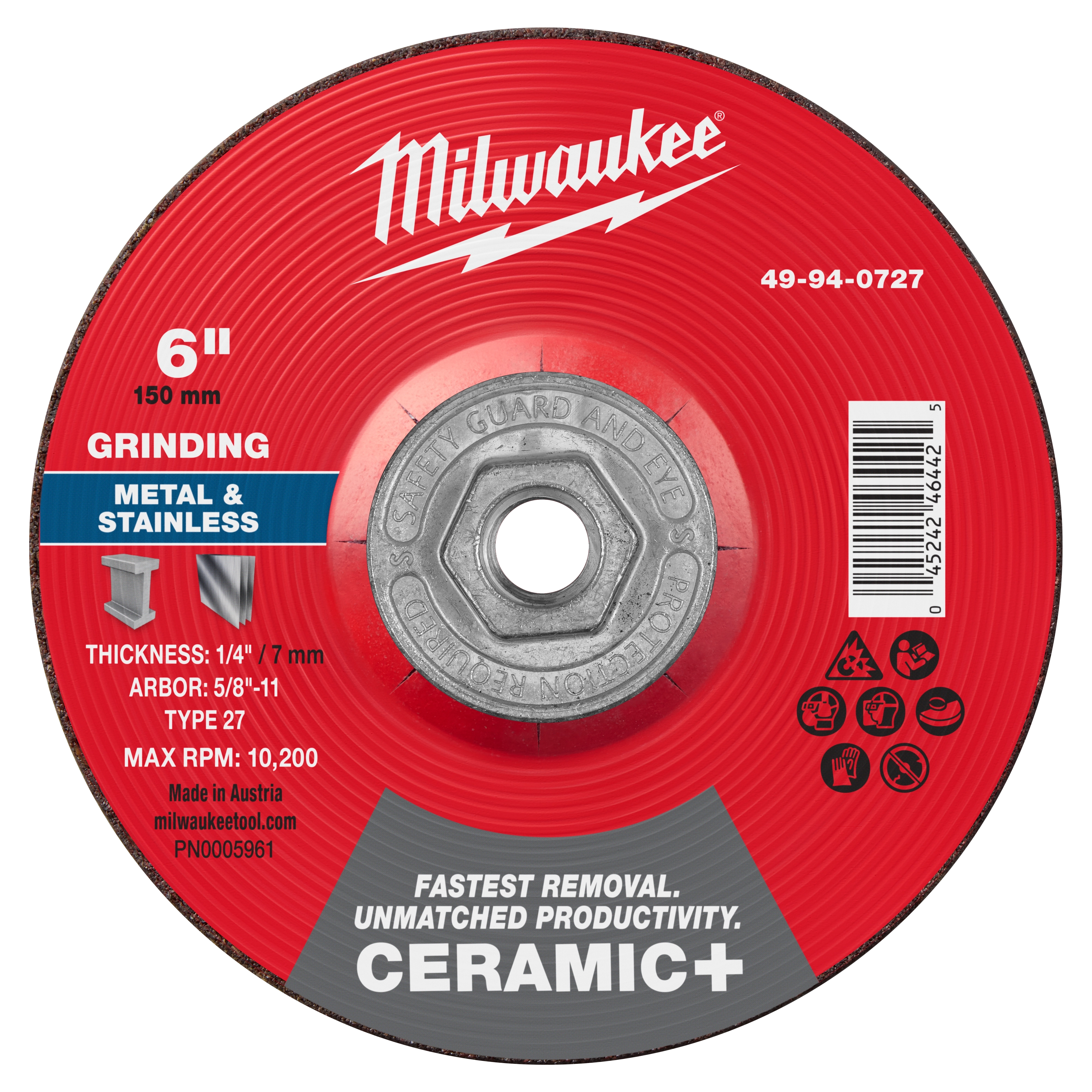 6" x 1/4" x 5/8"-11 Ceramic+ Metal Grinding Wheel, Type 27 for grinding metal and stainless steel, max RPM 10,200.
