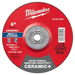 6" x 1/4" x 5/8"-11 Ceramic+ Metal Grinding Wheel, Type 27 for grinding metal and stainless steel, max RPM 10,200.