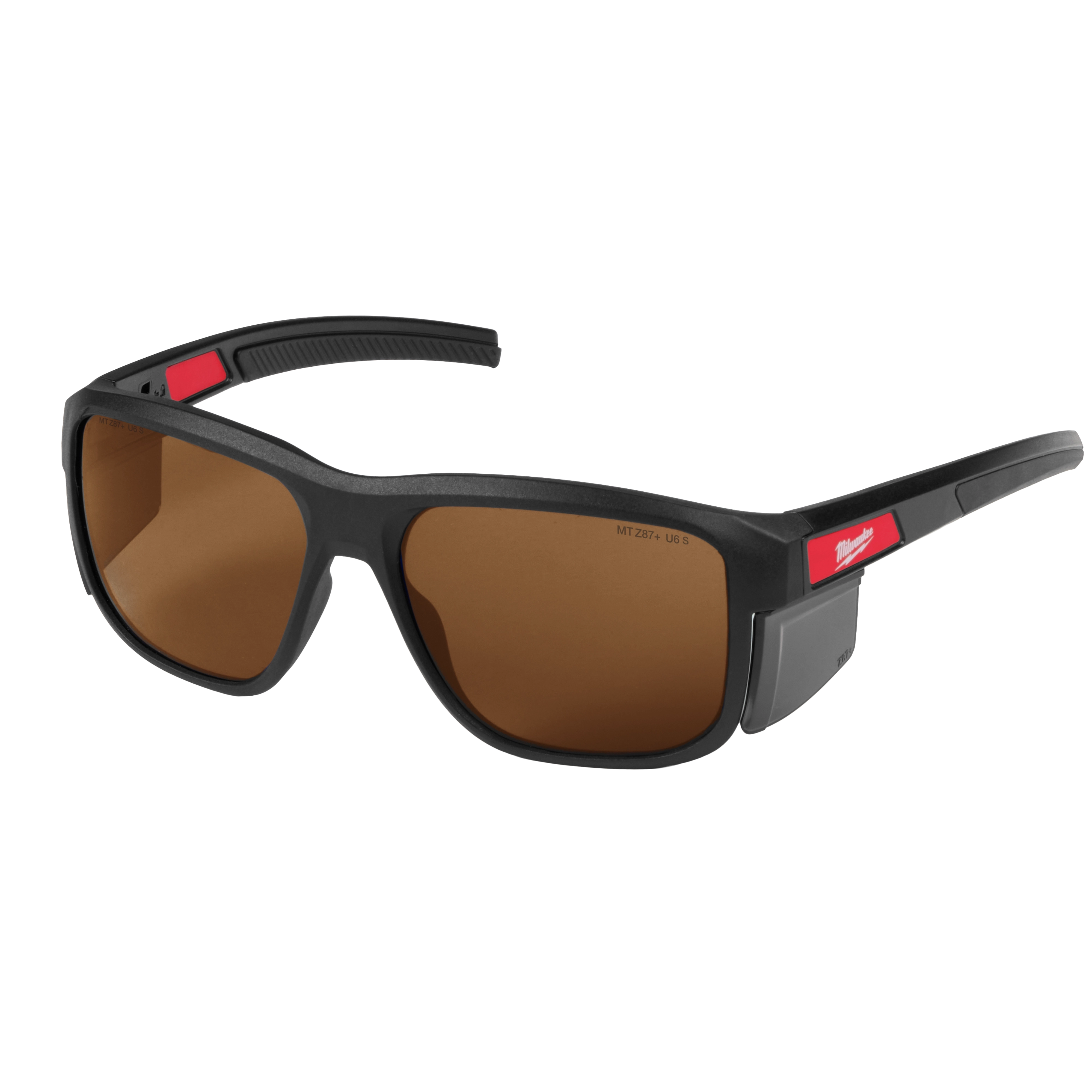 Full Frame Safety Glasses with Removable Side Shields feature brown anti-scratch lenses. The glasses have a black frame with red detailing on the arms and come with side shields for added protection. Ideal for use in construction or industrial settings requiring eye safety and durability.