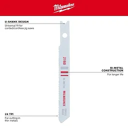 Milwaukee 2-3/4" 24TPI U-Shank Metal Cutting Bi-Metal Jig Saw Blade, shown with features: universal fit, bi-metal construction, for thin metals.