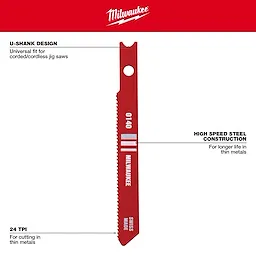 2-3/4" 24TPI U-Shank Metal High Speed Steel Jig Saw Blades 5PK. Red blade with text highlighting universal fit, steel construction, and thin metal cutting.