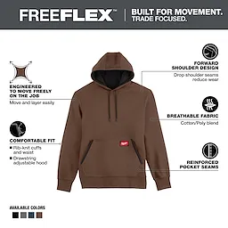 Midweight Pullover Hoodie in brown with rib-knit cuffs, drawstring adjustable hood, breathable fabric, and reinforced pocket seams. Available in three colors.