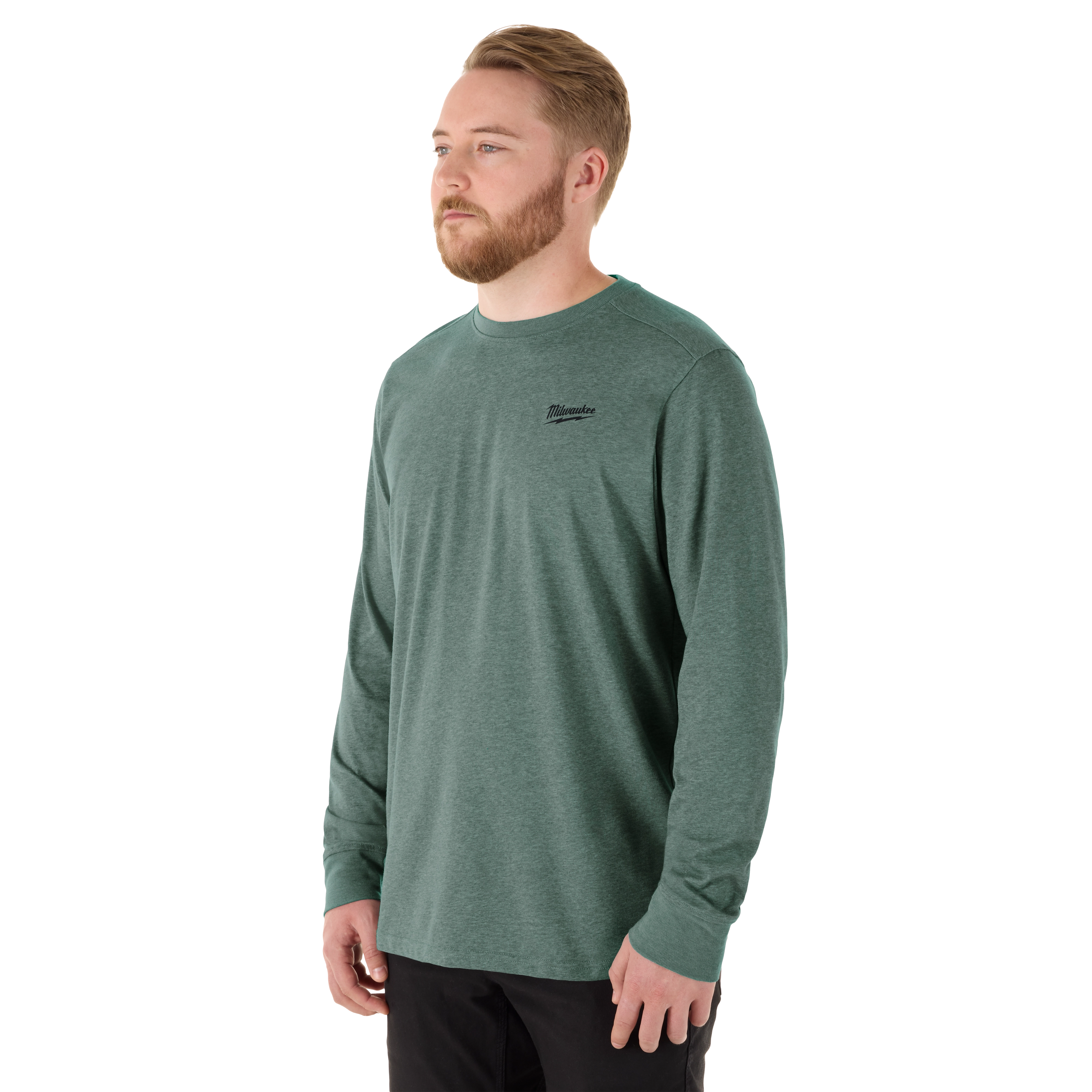 Man wearing a green FREEFLEX Hybrid Work Tee - Long Sleeve. The shirt features a small brand logo on the upper left chest.