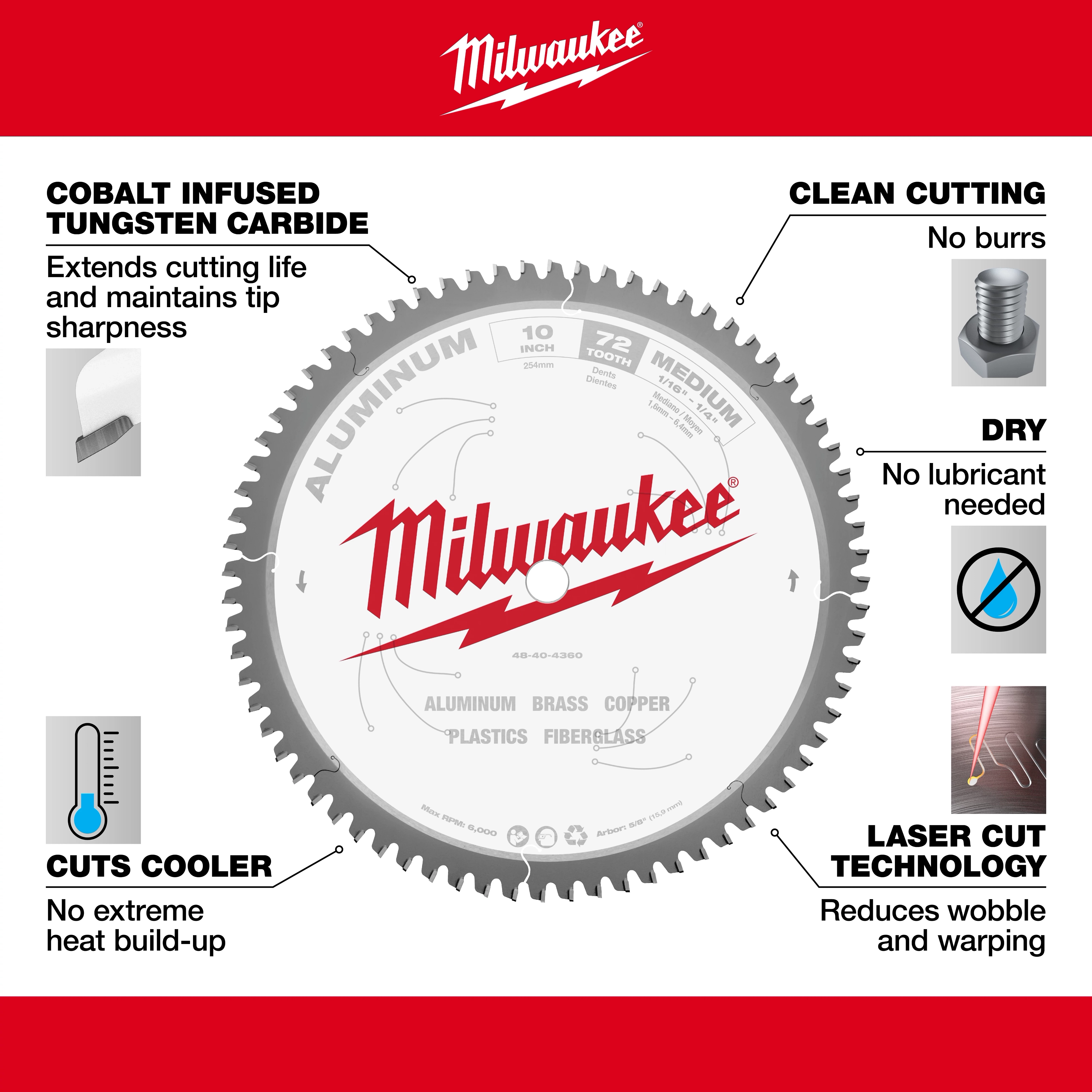 Milwaukee 48-40-4360 Walkaround 10-inch aluminum cutting blade with 72 teeth, featuring tungsten carbide tips, laser cut technology, and cooler cuts.