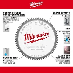 Milwaukee 48-40-4360 Walkaround 10-inch aluminum cutting blade with 72 teeth, featuring tungsten carbide tips, laser cut technology, and cooler cuts.