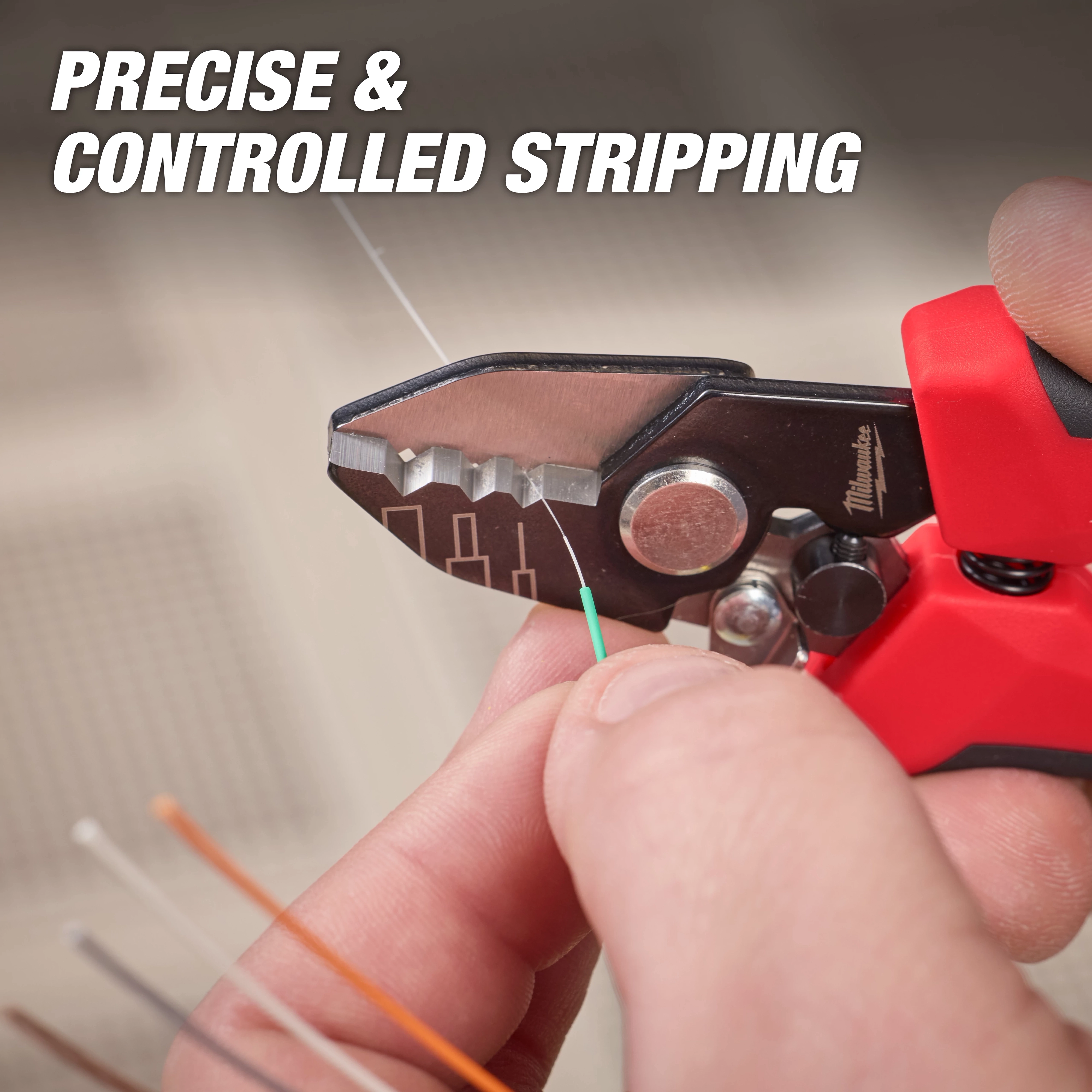 A person holds a Tri-Hole Fiber Stripper, with the tool's jaws stripping a fiber optic cable. The text "PRECISE & CONTROLLED STRIPPING" is displayed at the top of the image.