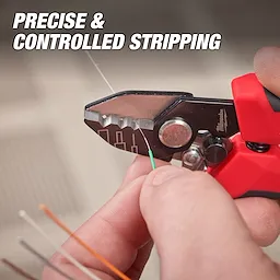 A person holds a Tri-Hole Fiber Stripper, with the tool's jaws stripping a fiber optic cable. The text "PRECISE & CONTROLLED STRIPPING" is displayed at the top of the image.