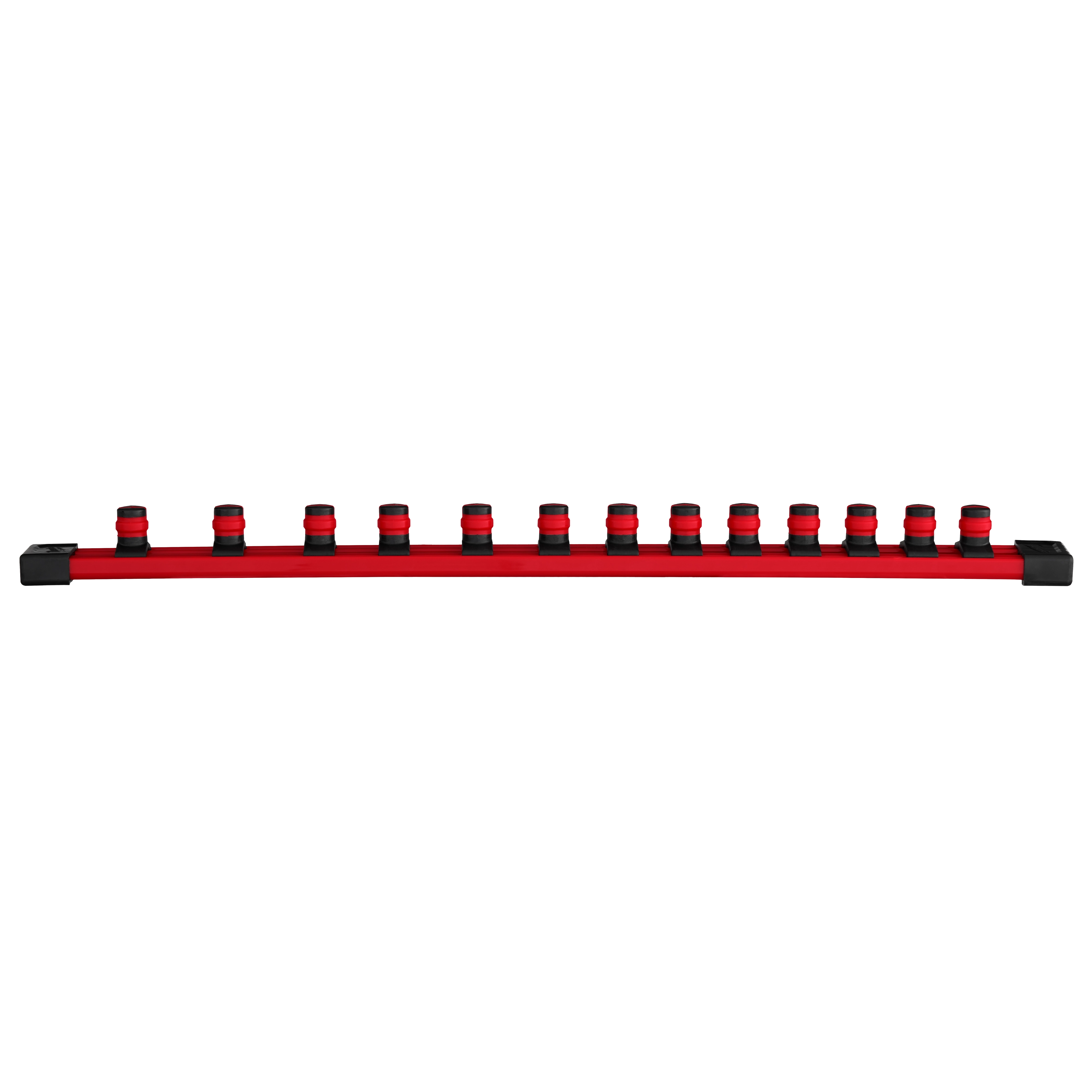 This image shows a 13pc 1/2” Drive 12-Point Deep Well SAE Socket Set. The set includes 13 sockets arranged on a red organizer rail.