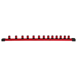This image shows a 13pc 1/2” Drive 12-Point Deep Well SAE Socket Set. The set includes 13 sockets arranged on a red organizer rail.