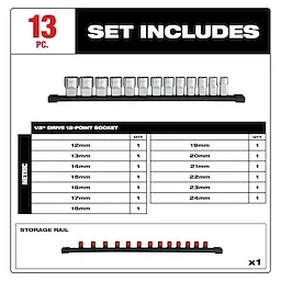 The image shows the components of a 13pc 1/2” Drive 12-Point Metric Socket Set. It includes 13 sockets ranging from 12mm to 24mm, displayed on a storage rail. The sizes are listed alongside their respective quantities to highlight each socket in the set.