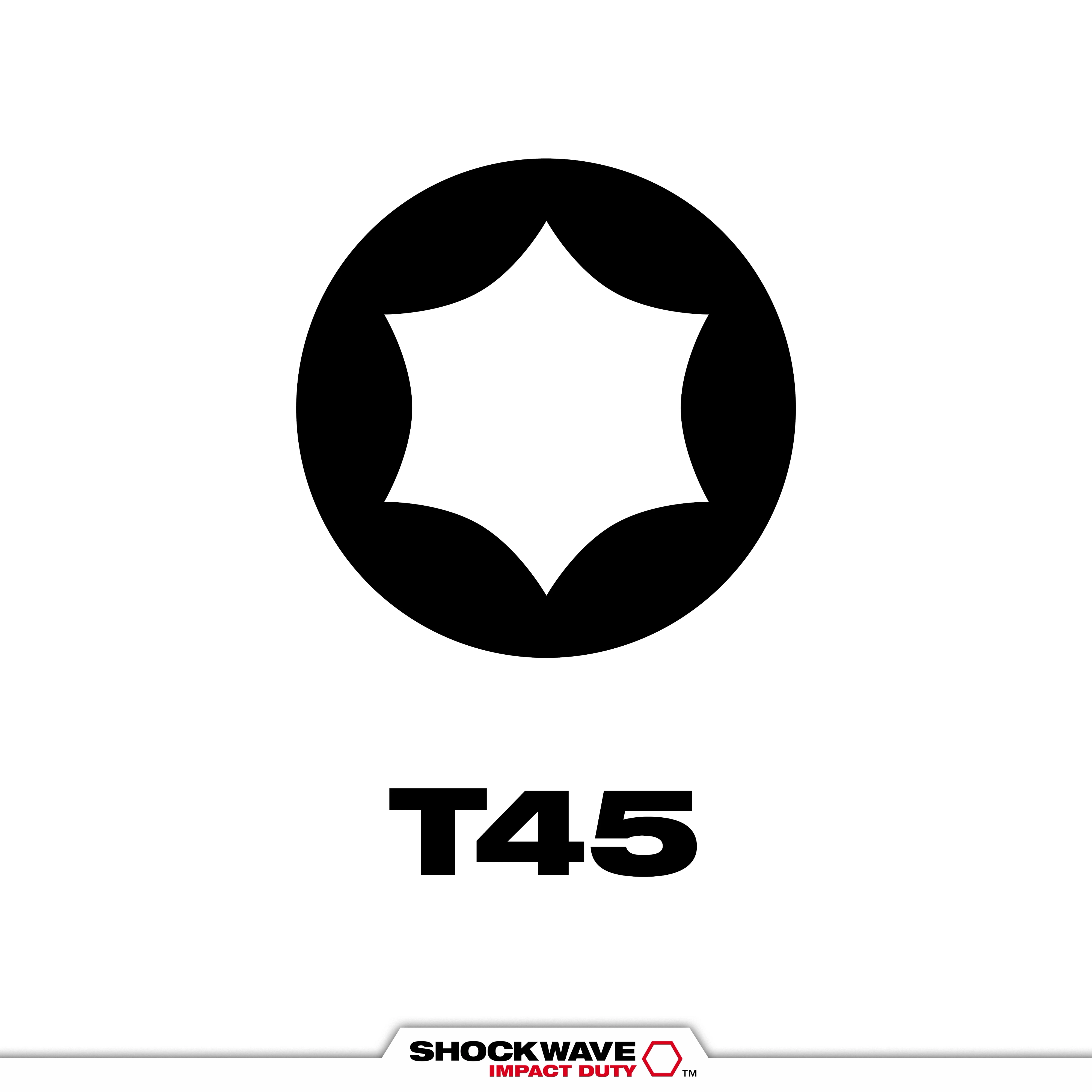The image shows the SHOCKWAVE™ T45 Tip Type, featuring a black Torx tip icon above the text "T45" on a white background. It is designed for impact duty, as indicated by the "SHOCKWAVE IMPACT DUTY" logo at the bottom.