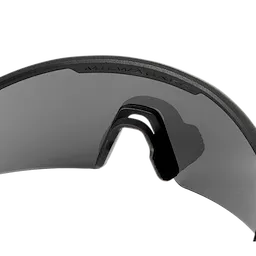 Wrap Around Safety Glasses with Mirrored Anti-Scratch Lenses feature a black frame with dark tinted, curved lenses. The brand's name is embossed on the upper edge of the frame. The glasses have a durable nose bridge for secure fitting, suitable for protective purposes.