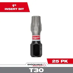 The image shows a SHOCKWAVE™ Impact Duty 1" T30 Insert Bit from Milwaukee, part of a 25-pack. The bit is silver and black with a red and white Milwaukee logo band. Labels indicate "1" Insert Bit" and "25 PK." The T30 size is marked on the lower section.