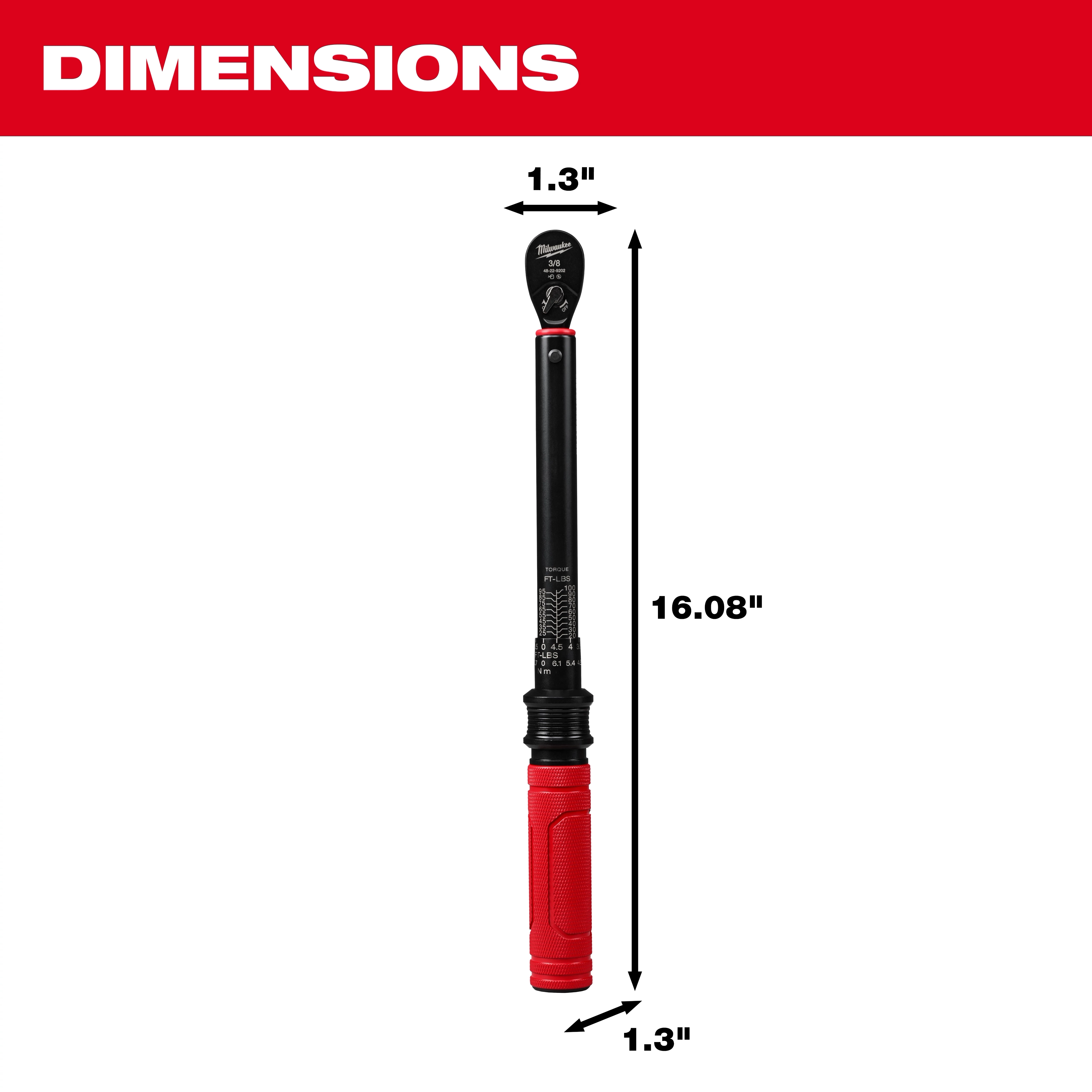 3/8” Drive Click Torque Wrench (20-100 ft·lbf) with dimensions shown: length of 16.08 inches and width 1.3 inches. Features a red handle.