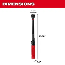 3/8” Drive Click Torque Wrench (20-100 ft·lbf) with dimensions shown: length of 16.08 inches and width 1.3 inches. Features a red handle.