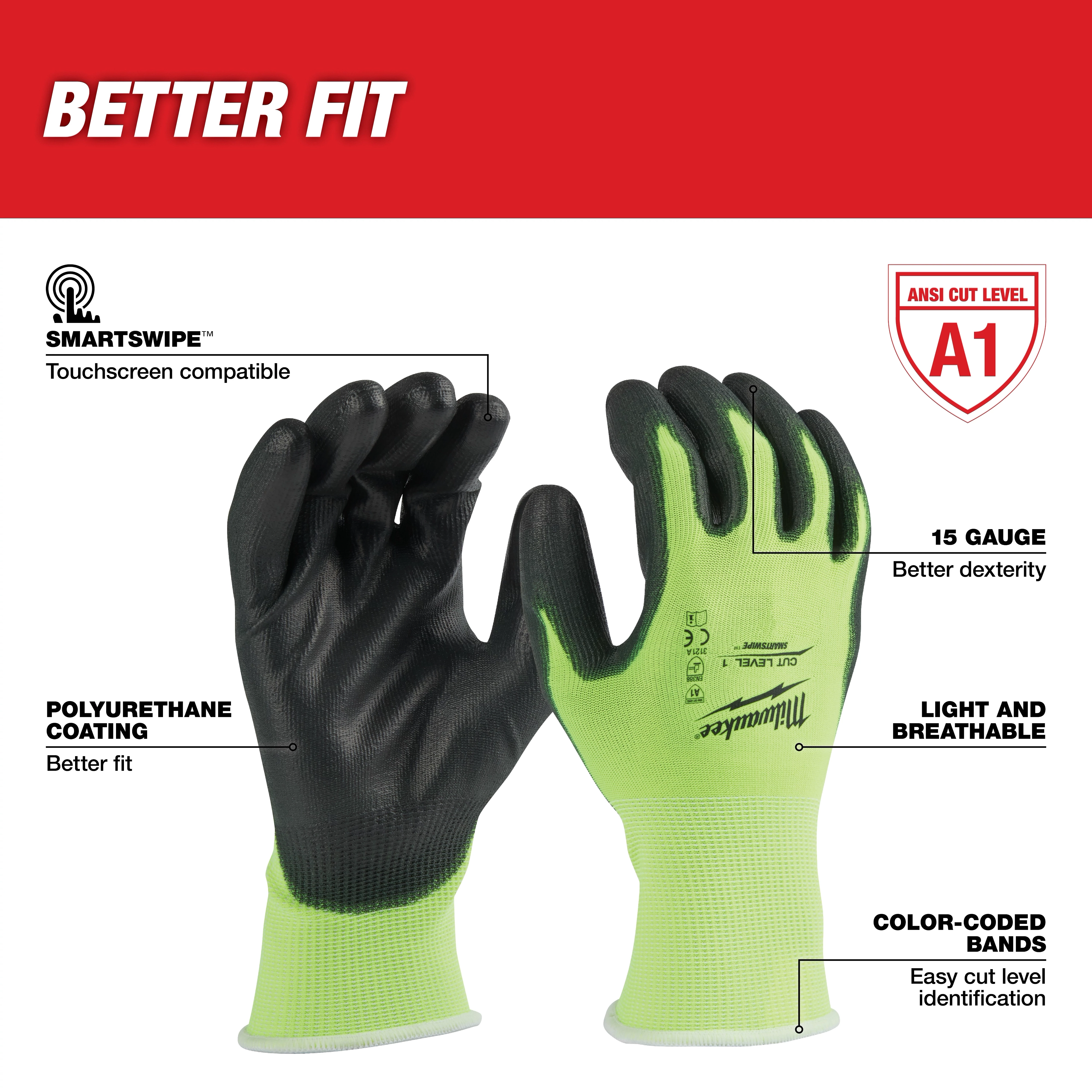 High Visibility Level 1 Cut Resistant Polyurethane Dipped Work Gloves Walkaround with touchscreen compatibility and 15 gauge dexterity.