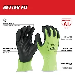 High Visibility Level 1 Cut Resistant Polyurethane Dipped Work Gloves Walkaround with touchscreen compatibility and 15 gauge dexterity.