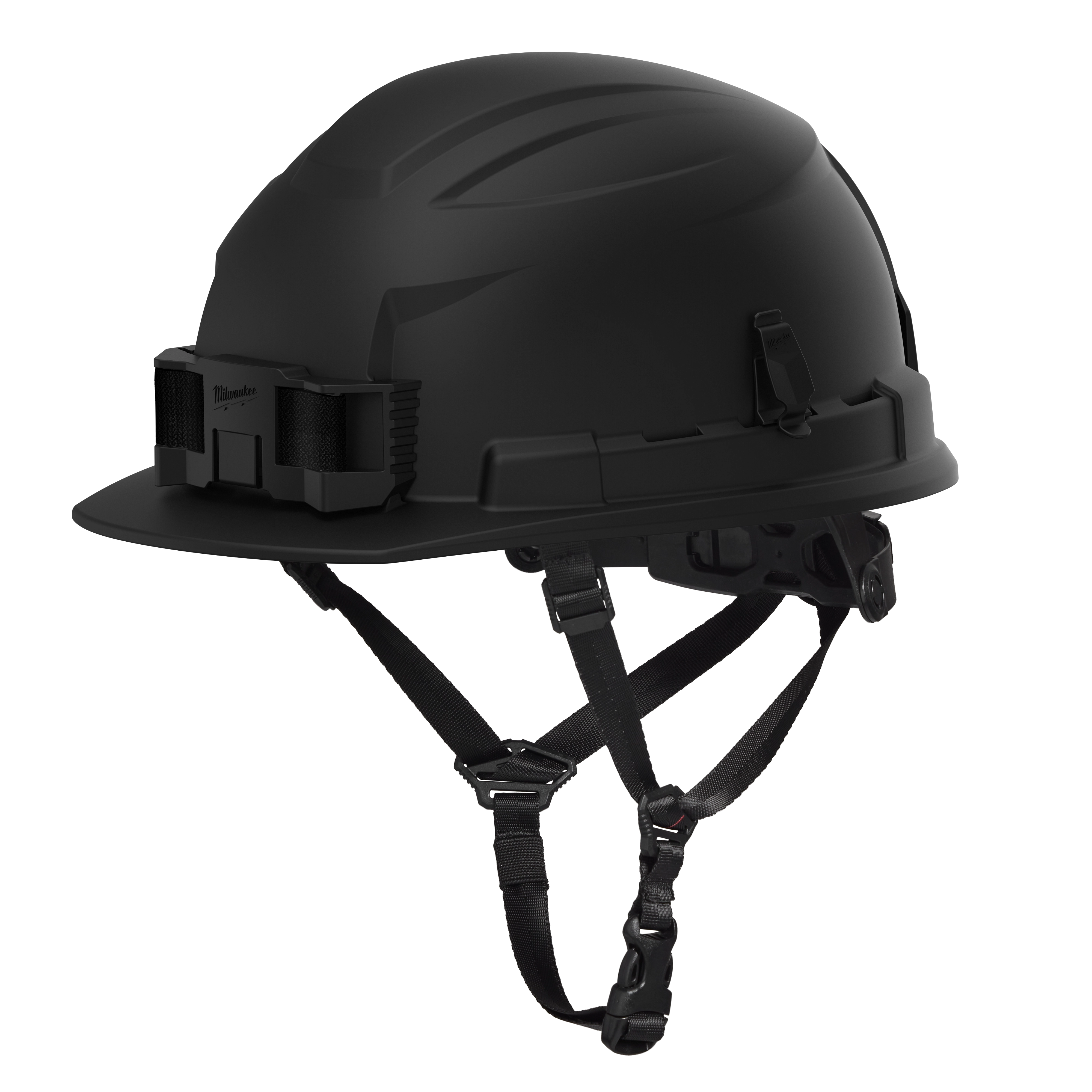 The product is a BOLT™ Black Front Brim Safety Helmet with 4-point ratcheting suspension, Type 2, Class E. It features a matte black finish, durable design, adjustable straps, and a secure fit to ensure optimal head protection in hazardous work environments.