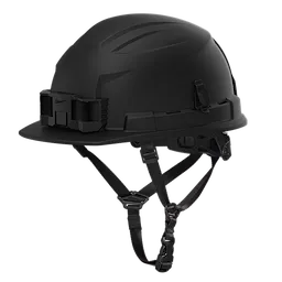 The product is a BOLT™ Black Front Brim Safety Helmet with 4-point ratcheting suspension, Type 2, Class E. It features a matte black finish, durable design, adjustable straps, and a secure fit to ensure optimal head protection in hazardous work environments.