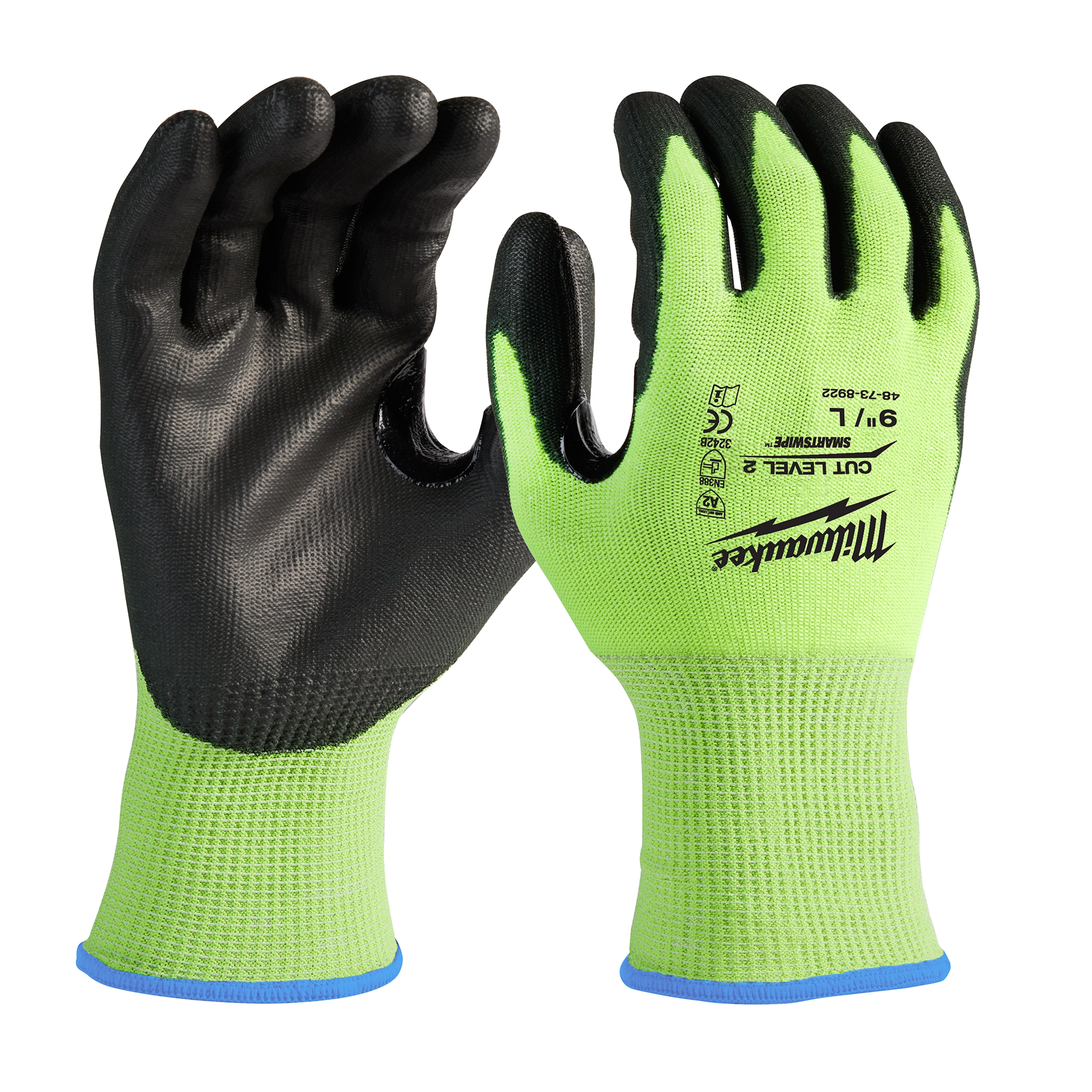 Hi Vis Cut Gloves with black palms and fingers, bright green backhand, and blue trim on the cuffs. The brand name is printed on one glove.