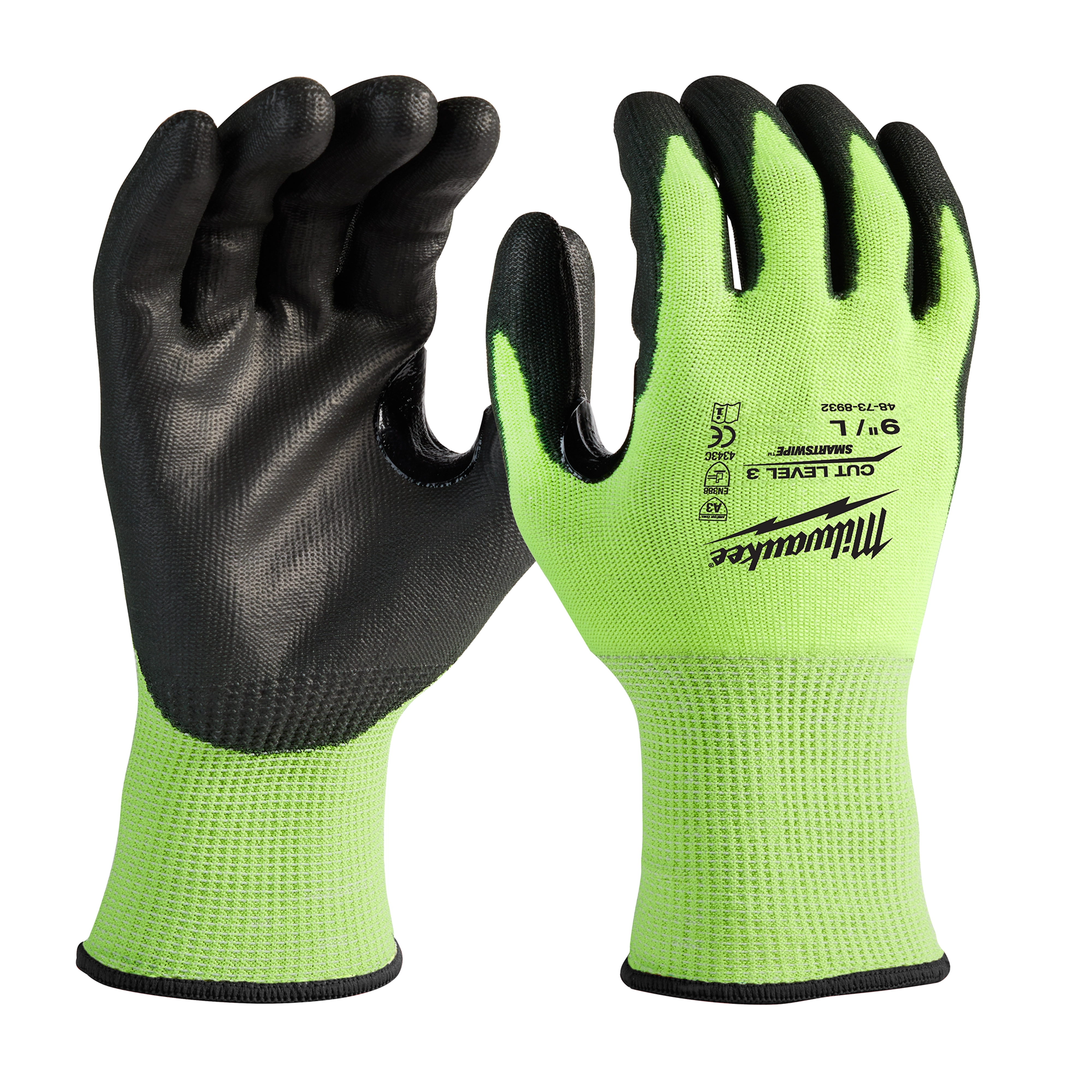Hi Vis Cut Gloves with black palms and green, high-visibility fabric. Manufacturer's logo and cut level 3 marking on the back.