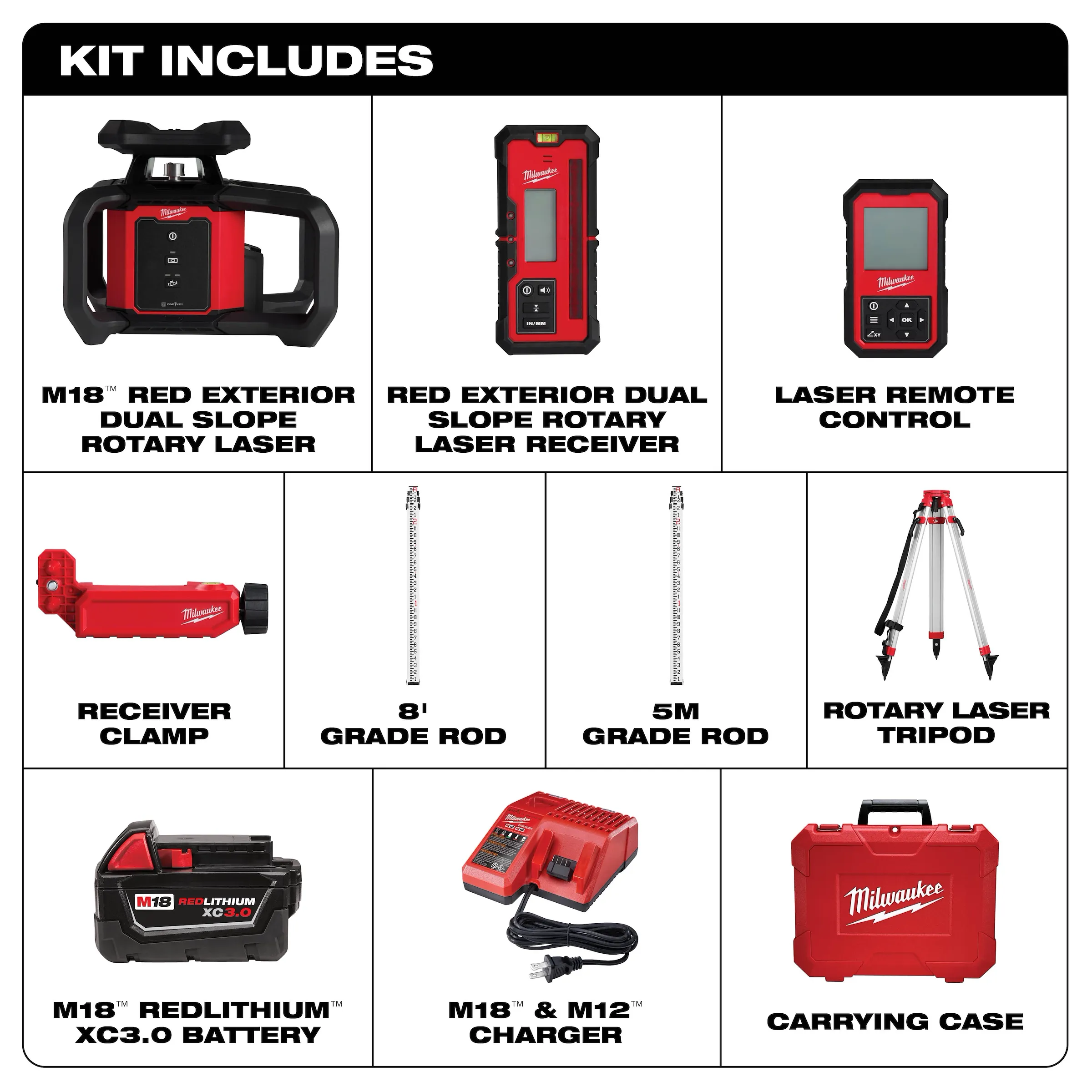 M18™ Red Exterior Dual Slope Rotary Laser Level Kit Milwaukee Tool