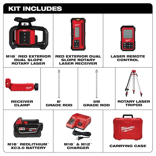 M18™ Red Exterior Dual Slope Rotary Laser Level Kit Milwaukee Tool